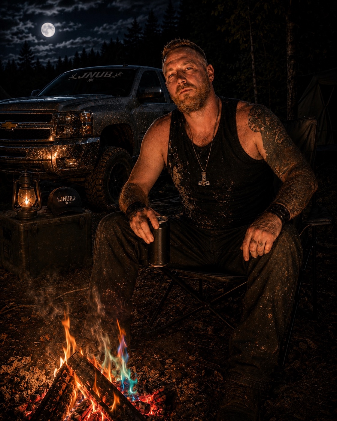 JNUB seated beside his truck at a campfire