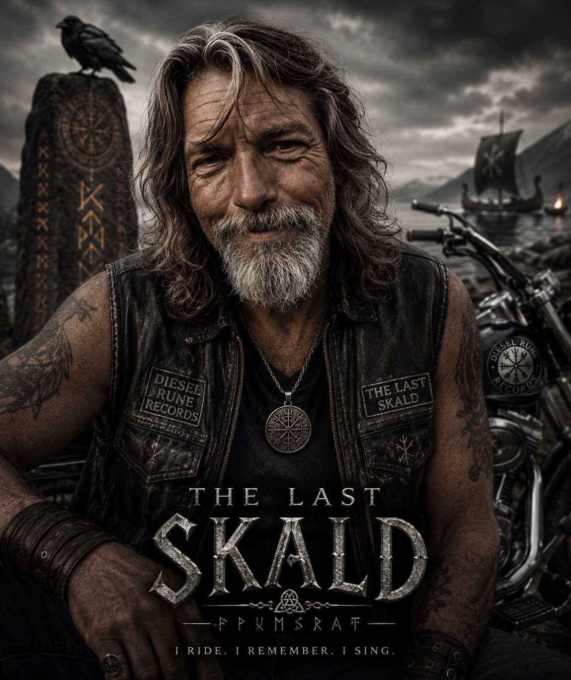 The Last Skald artist artwork with motorcycle and Norse imagery